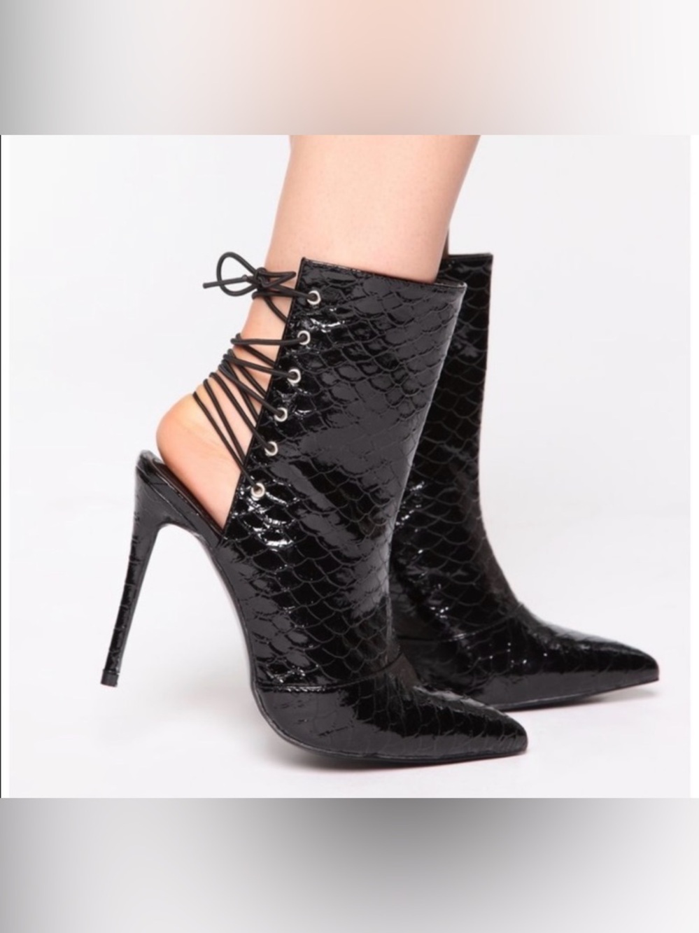 FN Black Patent Lace-Up Stiletto Ankle Boots Python Print 🐍